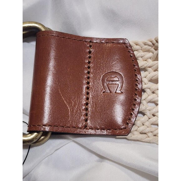 Etienne Aigner Womens 2.5" Wide Belt Crochet Leather Brass Buckle Adjustable Med - Picture 5 of 7